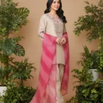 Beige Raw Silk Embroidered 3-Piece Suit with Pink Organza Dupatta - Lubaba Luxury