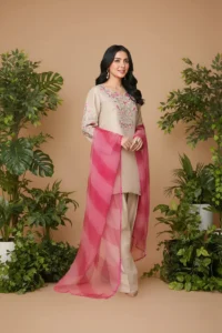 Beige Raw Silk Embroidered 3-Piece Suit with Pink Organza Dupatta - Lubaba Luxury