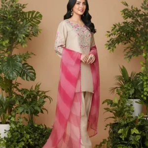 Beige Raw Silk Embroidered 3-Piece Suit with Pink Organza Dupatta - Lubaba Luxury