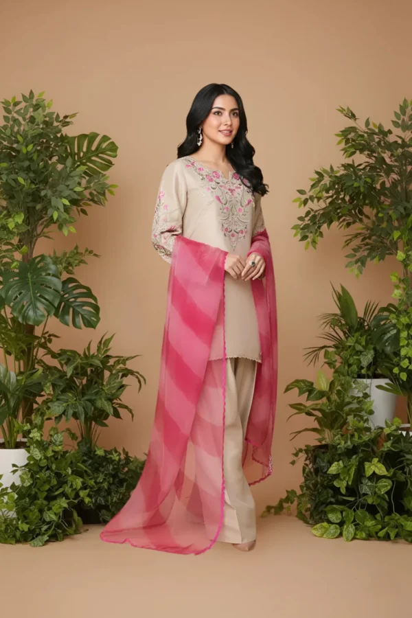 Beige Raw Silk Embroidered 3-Piece Suit with Pink Organza Dupatta - Lubaba Luxury