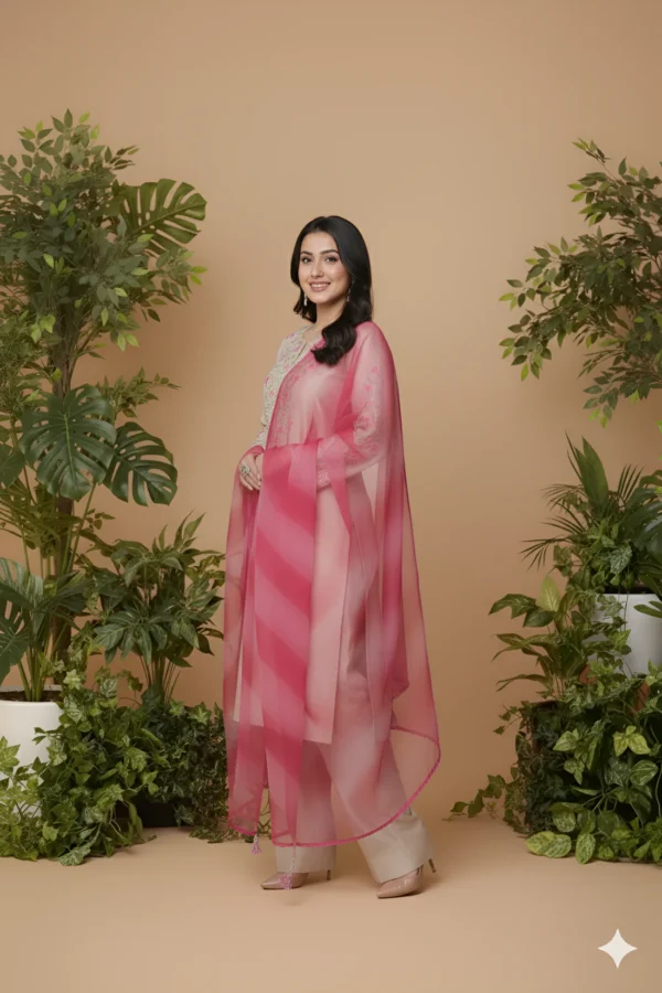 Beige Raw Silk Embroidered 3-Piece Suit with Pink Organza Dupatta - Lubaba Luxury