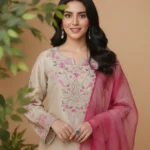 Beige Raw Silk Embroidered 3-Piece Suit with Pink Organza Dupatta - Lubaba Luxury