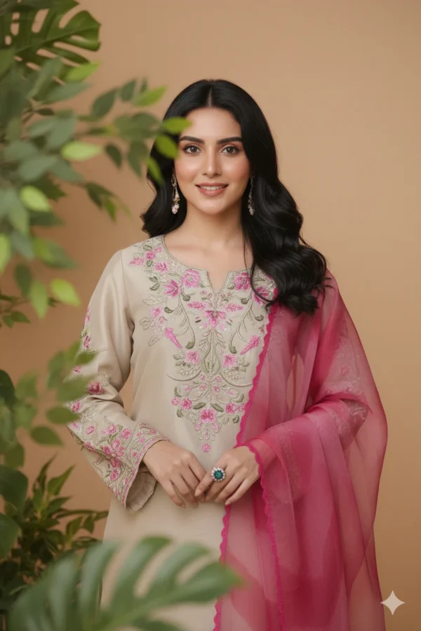Beige Raw Silk Embroidered 3-Piece Suit with Pink Organza Dupatta - Lubaba Luxury