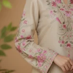 Beige Raw Silk Embroidered 3-Piece Suit with Pink Organza Dupatta - Lubaba Luxury
