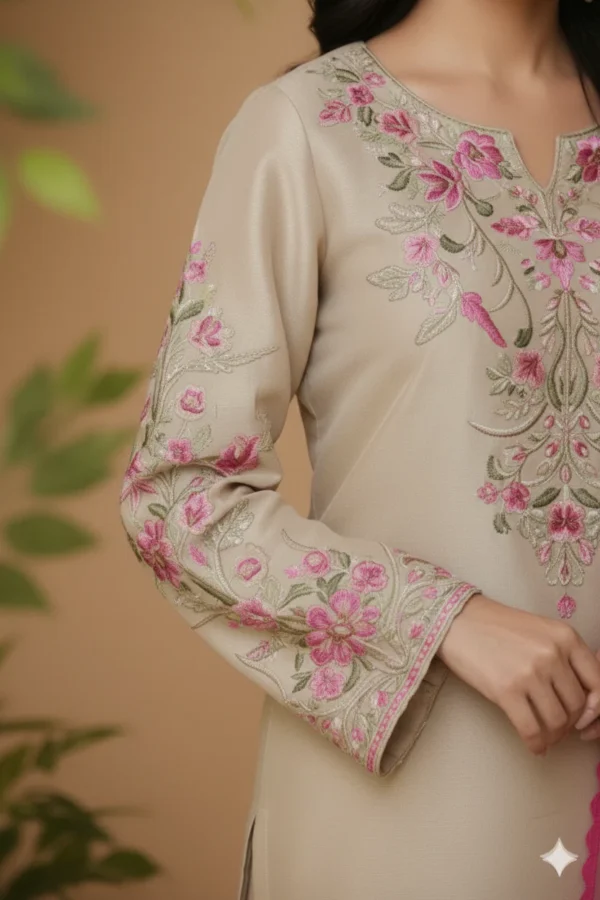 Beige Raw Silk Embroidered 3-Piece Suit with Pink Organza Dupatta - Lubaba Luxury