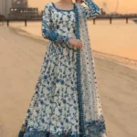 Hania Aamir wearing Jehona by Faiza Saqlain, a blue and white embroidered lawn pishwas with net dupatta lubaba luxury.
