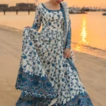 Hania Aamir wearing Jehona by Faiza Saqlain, a blue and white embroidered lawn pishwas with net dupatta lubaba luxury.