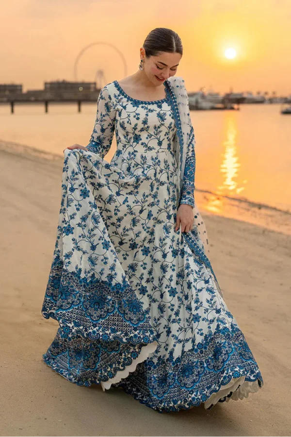 Hania Aamir wearing Jehona by Faiza Saqlain, a blue and white embroidered lawn pishwas with net dupatta lubaba luxury.