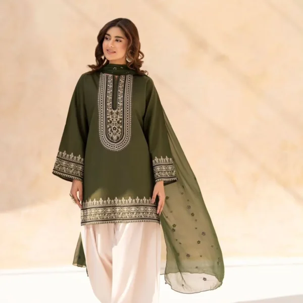 Lubaba Luxury Namal 3-Piece Stitched Cotton Suit - Olive Green