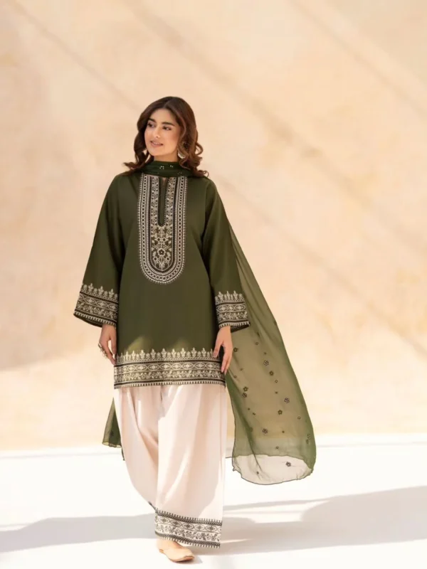 Lubaba Luxury Namal 3-Piece Stitched Cotton Suit - Olive Green