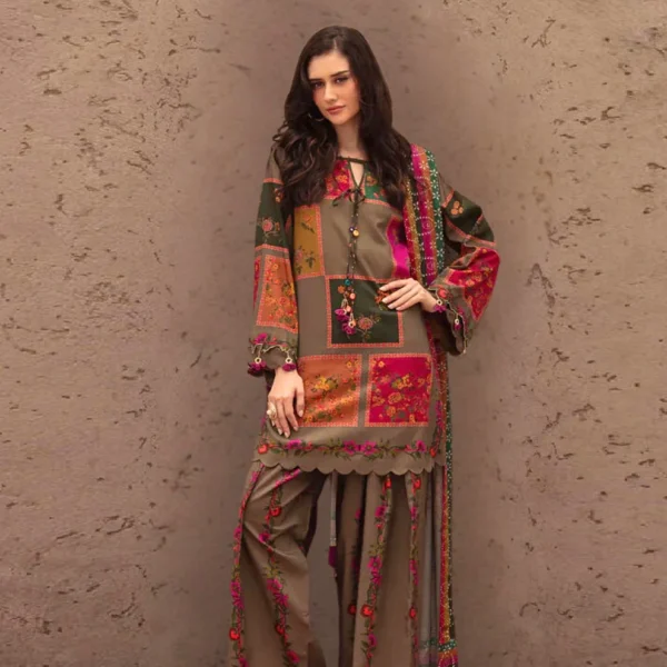 Brown 3-Piece Digital Printed Karandi Suit with Floral Embroidery