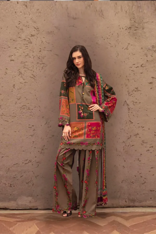 Brown 3-Piece Digital Printed Karandi Suit with Floral Embroidery