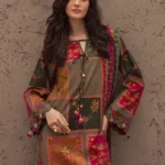 Brown 3-Piece Digital Printed Karandi Suit with Floral Embroidery