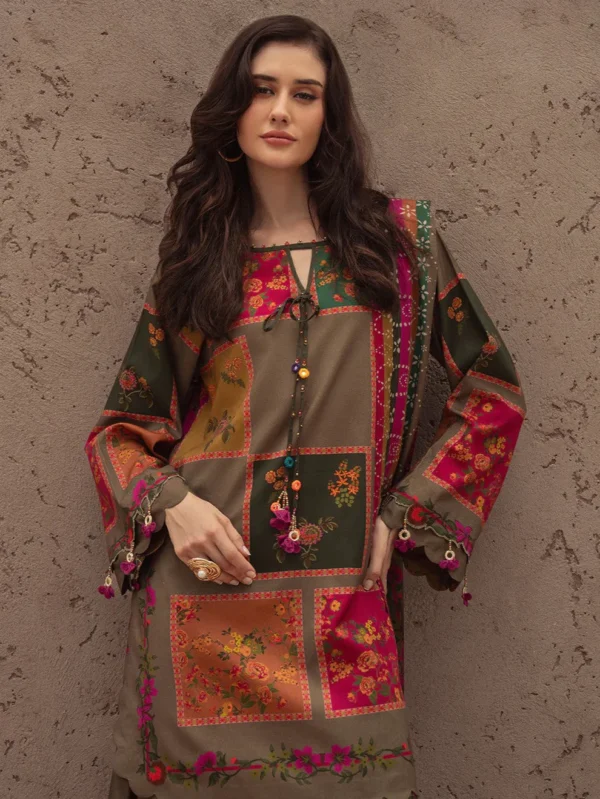 Brown 3-Piece Digital Printed Karandi Suit with Floral Embroidery