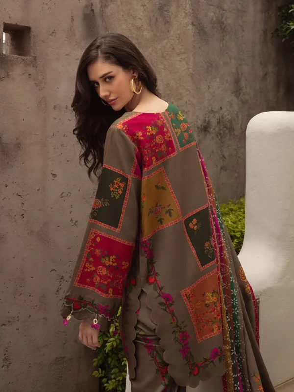 Brown 3-Piece Digital Printed Karandi Suit with Floral Embroidery