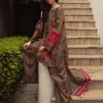 Brown 3-Piece Digital Printed Karandi Suit with Floral Embroidery