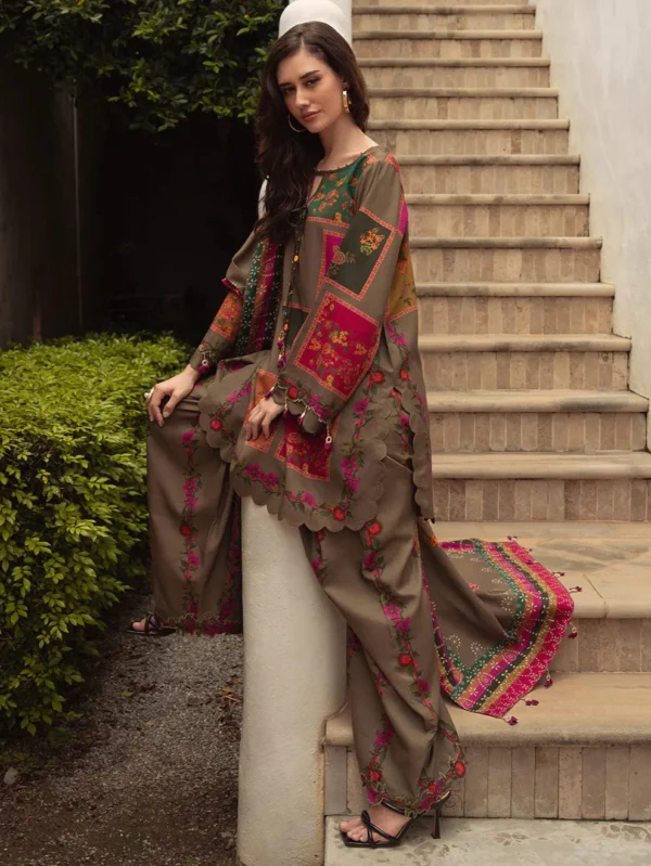 Brown 3-Piece Digital Printed Karandi Suit with Floral Embroidery