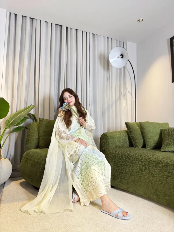 Noor 3-Piece Luxury White Embroidered Cotton Suit with Chiffon Dupatta by Lubaba Luxury.