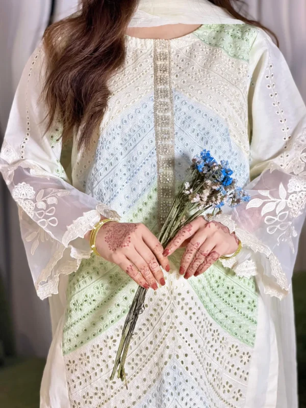 Noor 3-Piece Luxury White Embroidered Cotton Suit with Chiffon Dupatta by Lubaba Luxury.