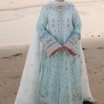 Qalamkar Sahil Luxury Lawn SA-05 Ayra light blue 3 piece unstitched suit with chikankari embroidery.