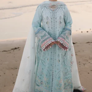 Qalamkar Sahil Luxury Lawn SA-05 Ayra light blue 3 piece unstitched suit with chikankari embroidery.