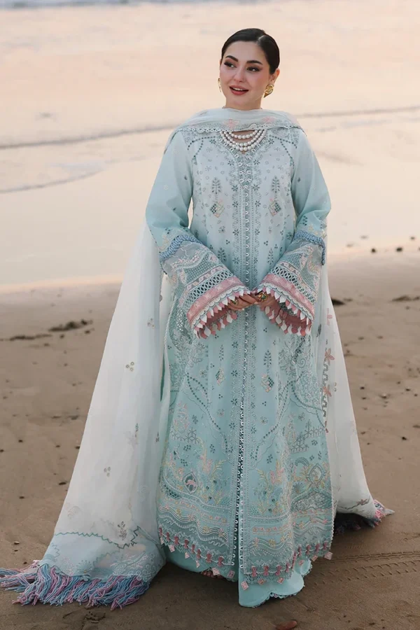 Qalamkar Sahil Luxury Lawn SA-05 Ayra light blue 3 piece unstitched suit with chikankari embroidery.