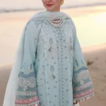 Qalamkar Sahil Luxury Lawn SA-05 Ayra light blue 3 piece unstitched suit with chikankari embroidery.