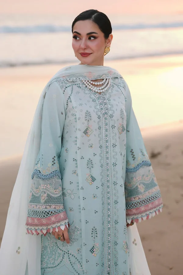 Qalamkar Sahil Luxury Lawn SA-05 Ayra light blue 3 piece unstitched suit with chikankari embroidery.