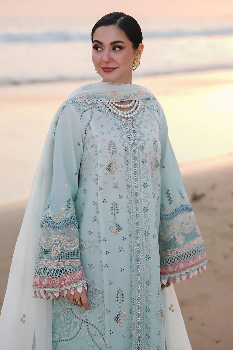 Qalamkar Sahil Luxury Lawn SA-05 Ayra light blue 3 piece unstitched suit with chikankari embroidery.