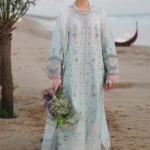 Qalamkar Sahil Luxury Lawn SA-05 Ayra light blue 3 piece unstitched suit with chikankari embroidery.