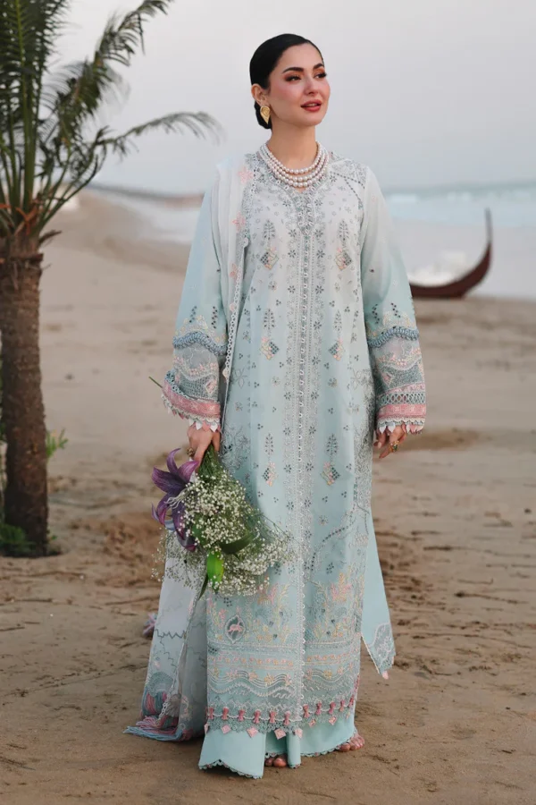 Qalamkar Sahil Luxury Lawn SA-05 Ayra light blue 3 piece unstitched suit with chikankari embroidery.