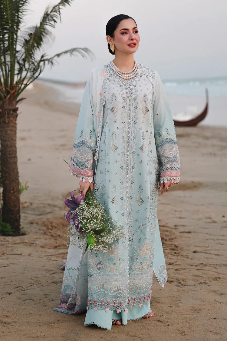 Qalamkar Sahil Luxury Lawn SA-05 Ayra light blue 3 piece unstitched suit with chikankari embroidery.