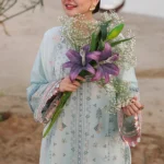 Qalamkar Sahil Luxury Lawn SA-05 Ayra light blue 3 piece unstitched suit with chikankari embroidery.