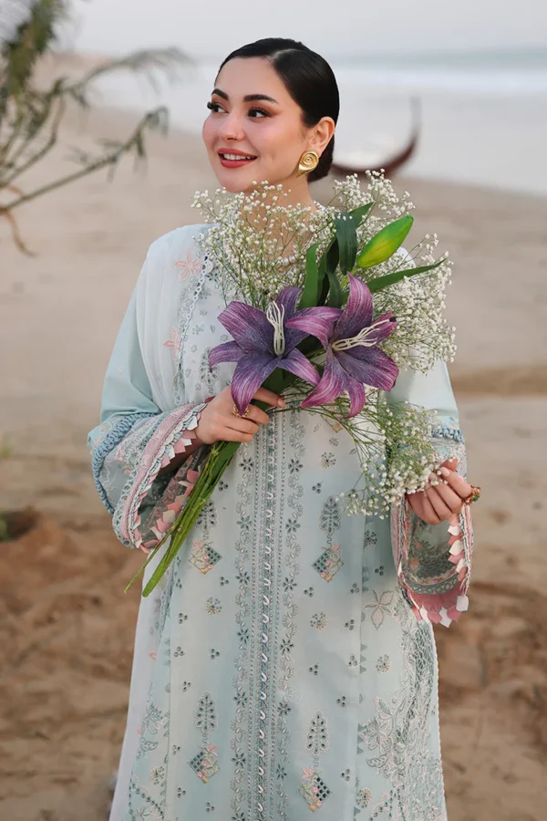 Qalamkar Sahil Luxury Lawn SA-05 Ayra light blue 3 piece unstitched suit with chikankari embroidery.