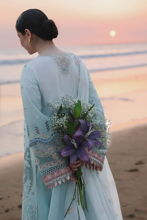 Qalamkar Sahil Luxury Lawn SA-05 Ayra light blue 3 piece unstitched suit with chikankari embroidery.