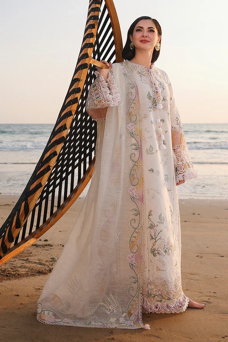 Hania Aamir wearing Qalamkar SA-10 Ilara ivory embroidered chikankari lawn suit with khaadi net dupatta | Lubaba Luxury.