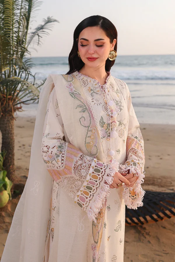 Hania Aamir wearing Qalamkar SA-10 Ilara ivory embroidered chikankari lawn suit with khaadi net dupatta | Lubaba luxury.