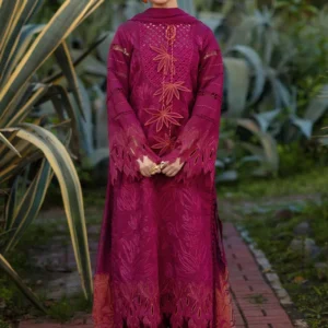 Model wearing Rang Rasiya Ayra unstitched luxury lawn 3-piece suit in plum with embroidered chikan shirt and khaddi net dupatta lubaba luxury.