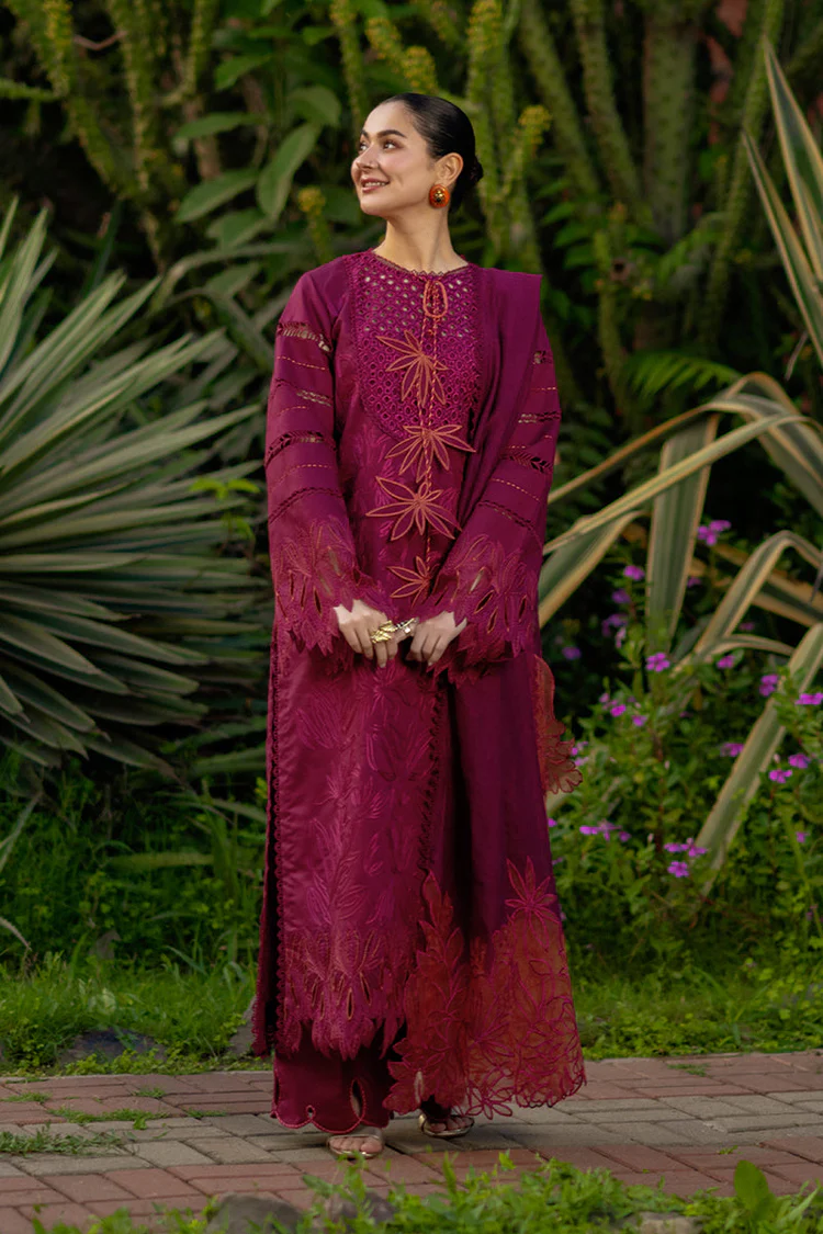 Model wearing Rang Rasiya Ayra unstitched luxury lawn 3-piece suit in plum with embroidered chikan shirt and khaddi net dupatta lubaba luxury.