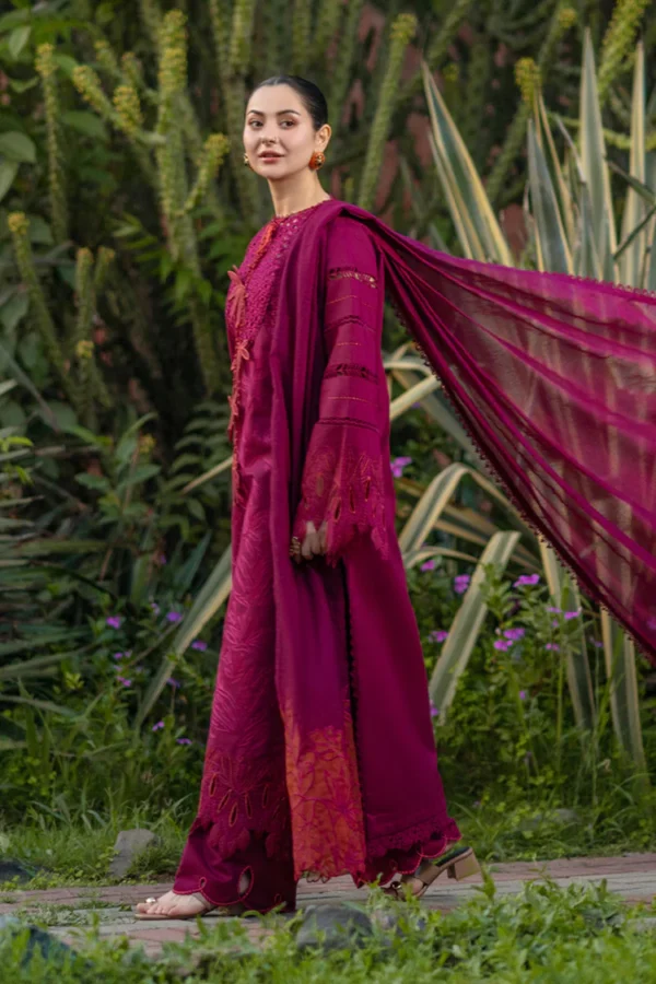 Model wearing Rang Rasiya Ayra unstitched luxury lawn 3-piece suit in plum with embroidered chikan shirt and khaddi net dupatta lubaba luxury.