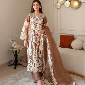 Rimsha Brown Embroidered Organza 3-Piece Luxury Suit - Lubaba Luxury