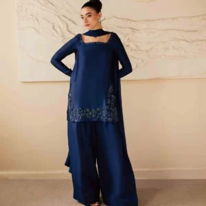 Royal blue embroidered raw silk shirt with farshi shalwar and chiffon dupatta for women.