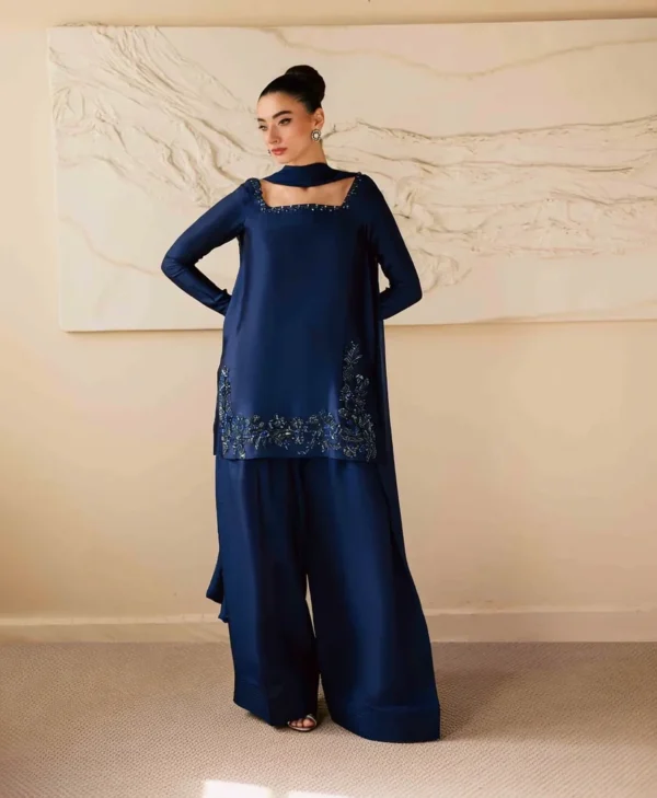 Royal blue embroidered raw silk shirt with farshi shalwar and chiffon dupatta for women.