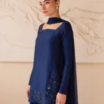 Royal blue embroidered raw silk shirt with farshi shalwar and chiffon dupatta for women.