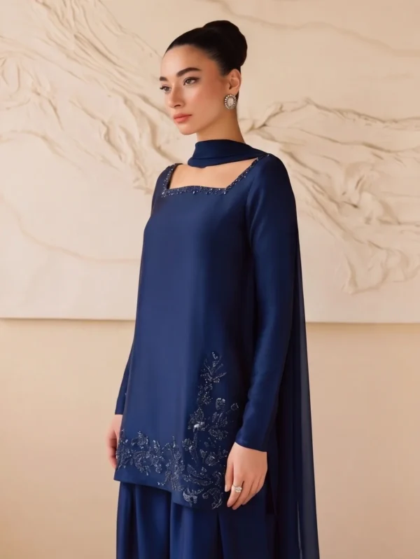 Royal blue embroidered raw silk shirt with farshi shalwar and chiffon dupatta for women.
