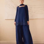 Royal blue embroidered raw silk shirt with farshi shalwar and chiffon dupatta for women.