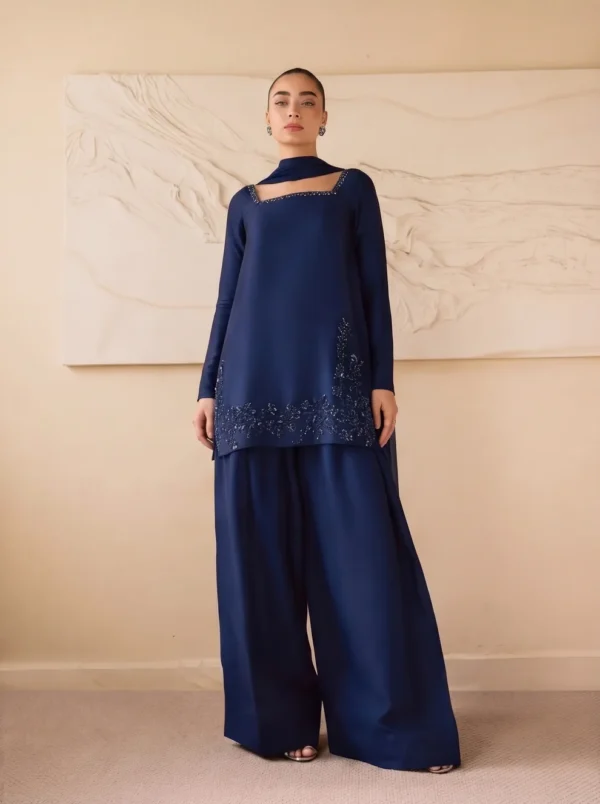 Royal blue embroidered raw silk shirt with farshi shalwar and chiffon dupatta for women.