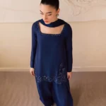 Royal blue embroidered raw silk shirt with farshi shalwar and chiffon dupatta for women.