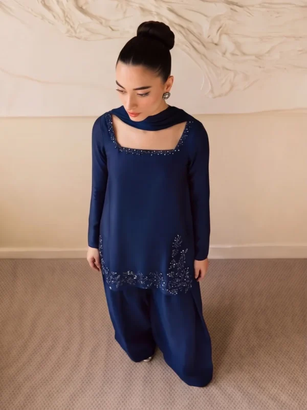 Royal blue embroidered raw silk shirt with farshi shalwar and chiffon dupatta for women.