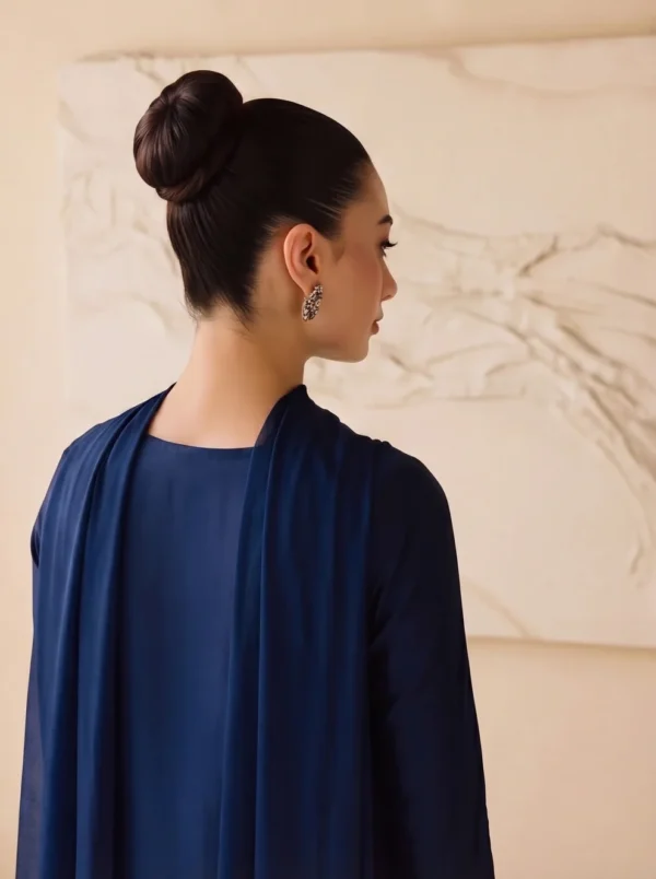Royal blue embroidered raw silk shirt with farshi shalwar and chiffon dupatta for women.
